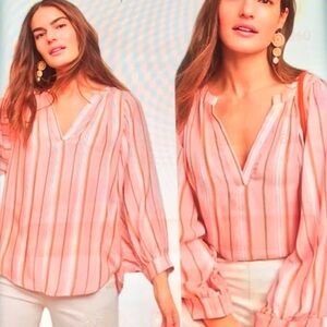 Anthropologie Maeve Brenda Stripe Balloon Sleeve V Neck Top Size S